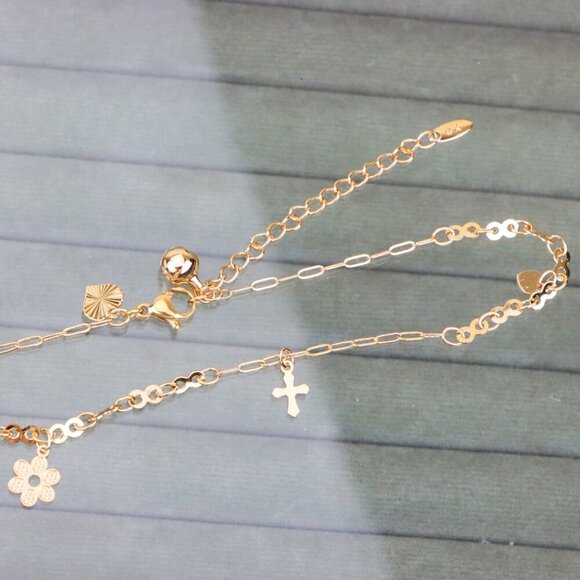 "Rose Gold Anklet with Cross & Flower Charms, XPAL1164 - Picture 11 of 12